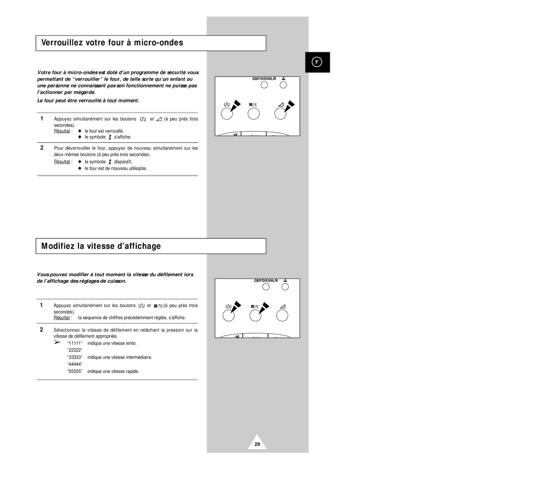 Samsung CK136T/XEF, CK135M/XEF, CK136TM/XEF manual Verrouillez votre four à micro-ondes, Modifiez la vitesse d’affichage 