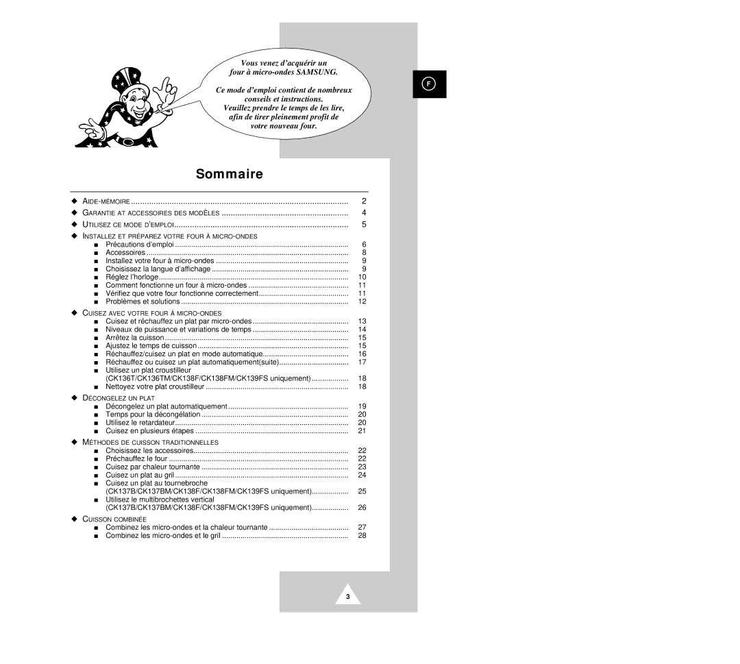 Samsung CK135M/XEF, CK136TM/XEF, CK136T/XEF manual Sommaire 