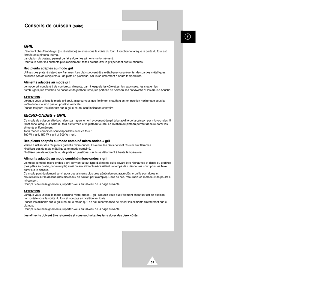 Samsung CK135M/XEF, CK136TM/XEF, CK136T/XEF manual Récipients adaptés au mode gril, Aliments adaptés au mode gril 