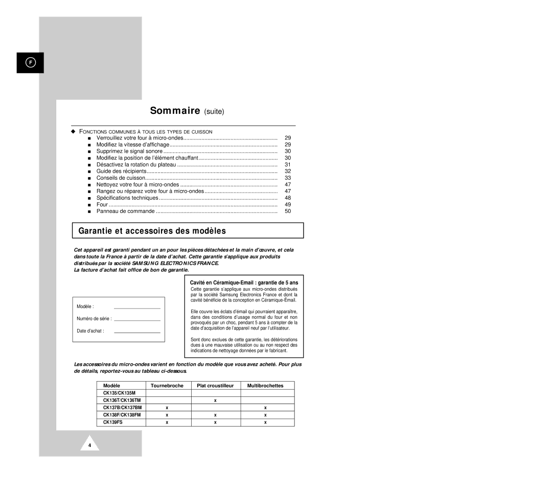 Samsung CK136TM/XEF manual Garantie et accessoires des modèles, Cavité en Céramique-Email garantie de 5 ans, CK138F/CK138FM 