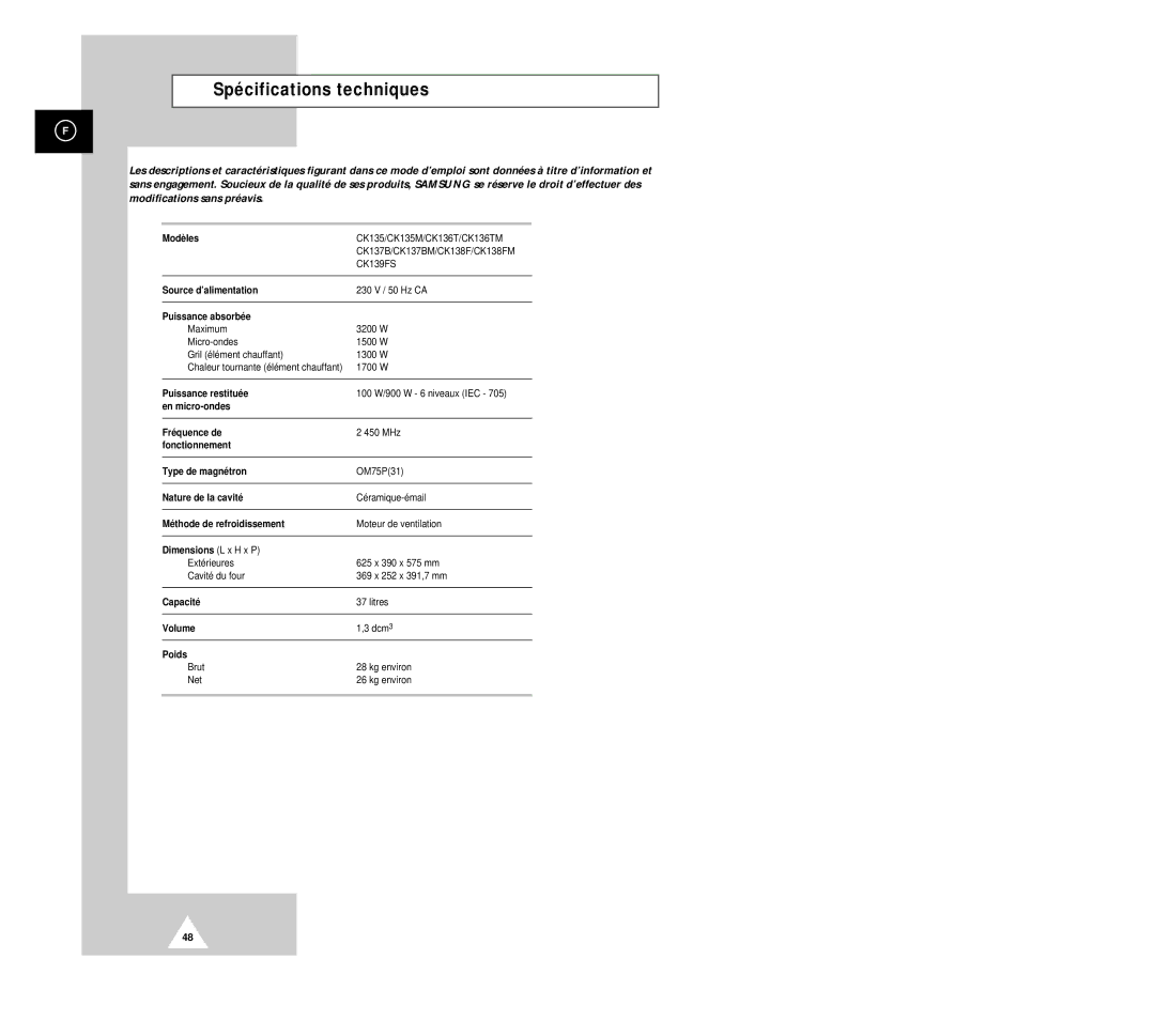 Samsung CK135M/XEF, CK136TM/XEF, CK136T/XEF manual Spécifications techniques 