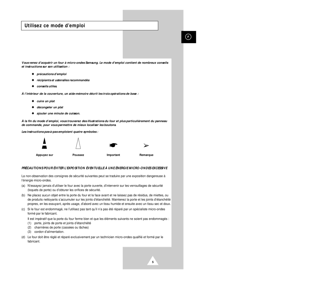 Samsung CK136T/XEF, CK135M/XEF, CK136TM/XEF manual Utilisez ce mode d’emploi, Appuyez sur Poussez 