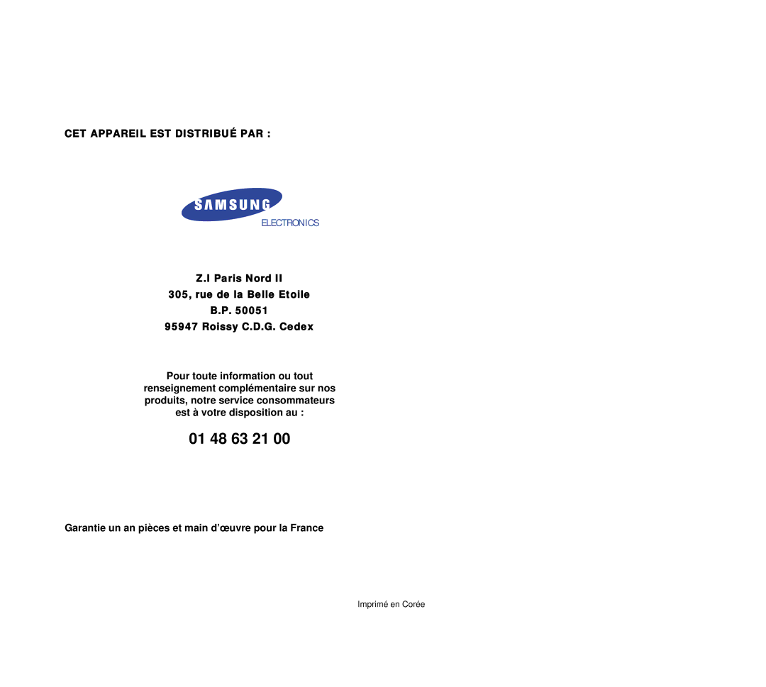 Samsung CK135M/XEF, CK136TM/XEF, CK136T/XEF manual 01 48 63 21 