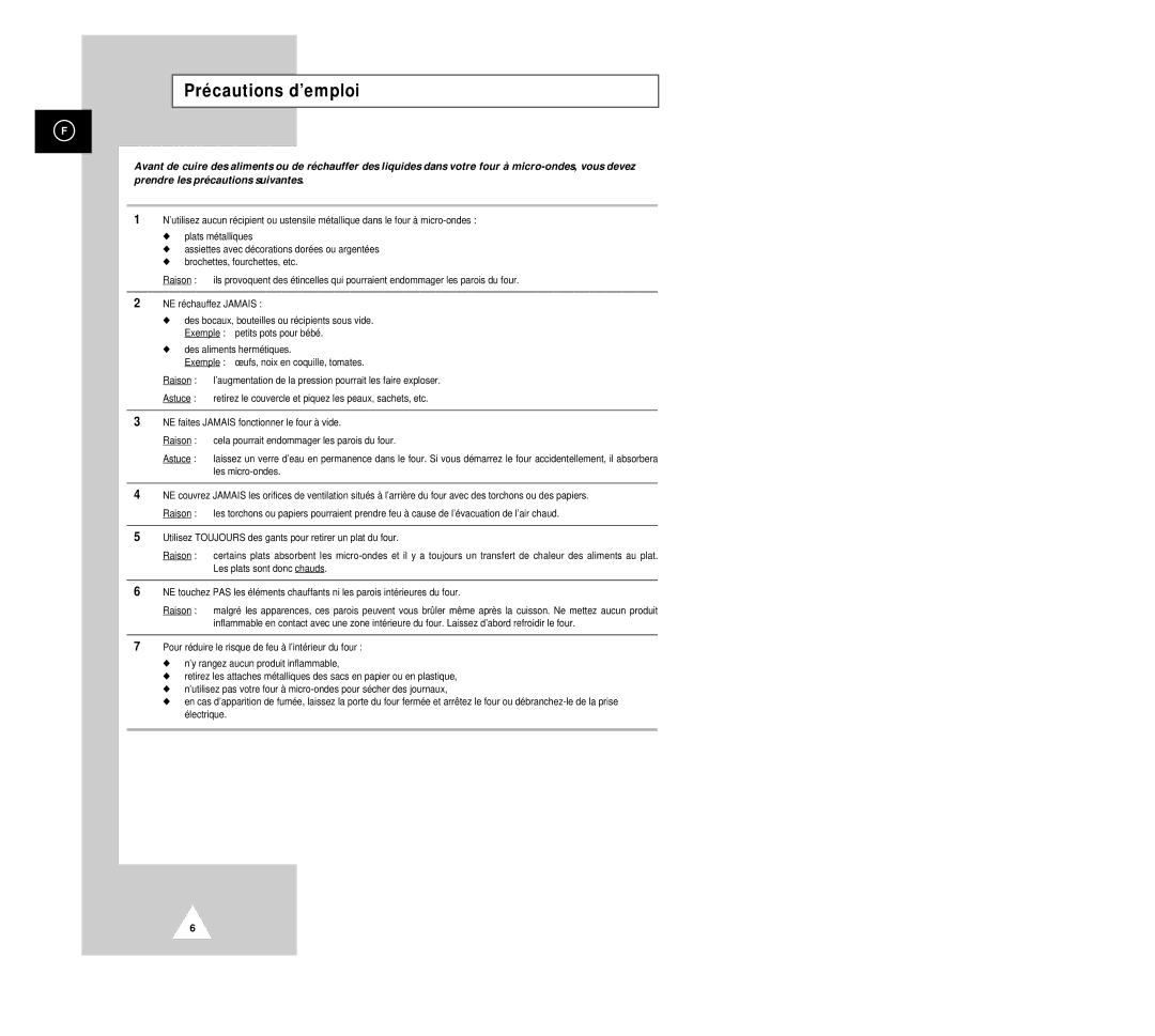 Samsung CK135M/XEF, CK136TM/XEF, CK136T/XEF manual Précautions d’emploi 