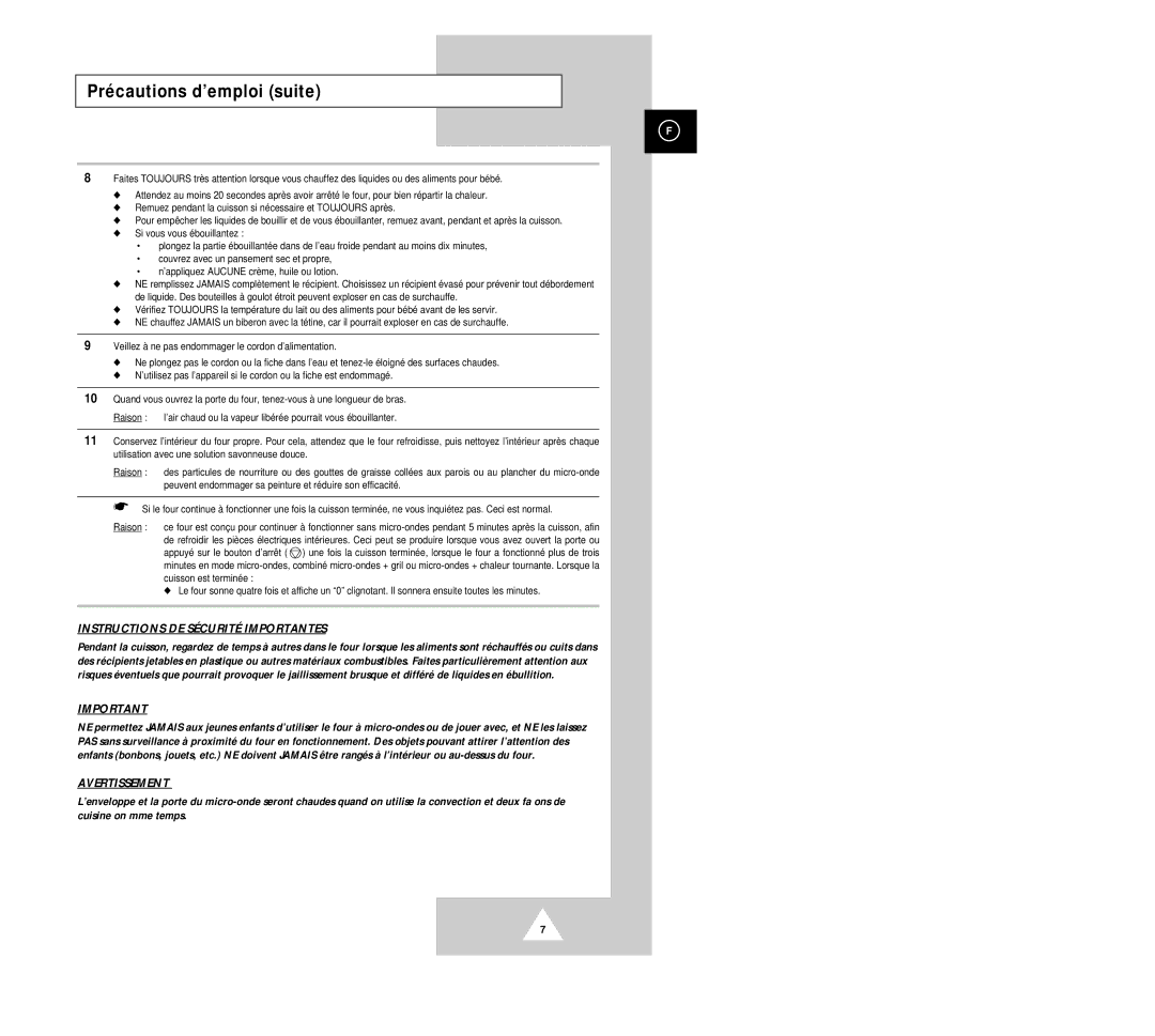 Samsung CK136TM/XEF, CK135M/XEF, CK136T/XEF manual Précautions d’emploi suite, Instructions DE Sécurité Importantes 