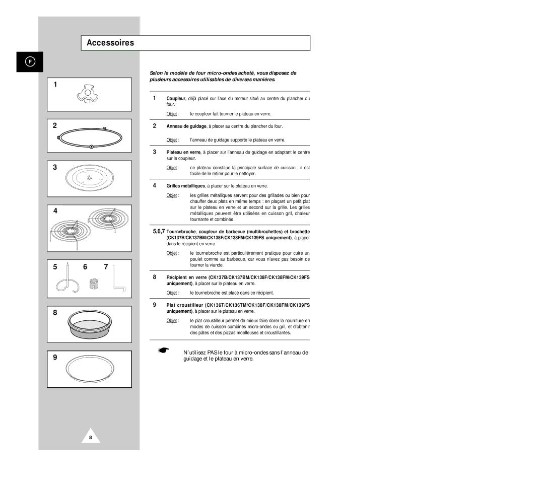 Samsung CK136T/XEF, CK135M/XEF, CK136TM/XEF manual Accessoires, Objet le tournebroche est placé dans ce récipient 