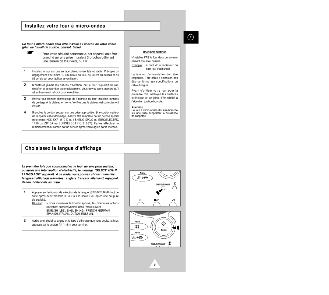 Samsung CK135M/XEF, CK136TM/XEF manual Installez votre four à micro-ondes, Choisissez la langue d’affichage, Recommandations 