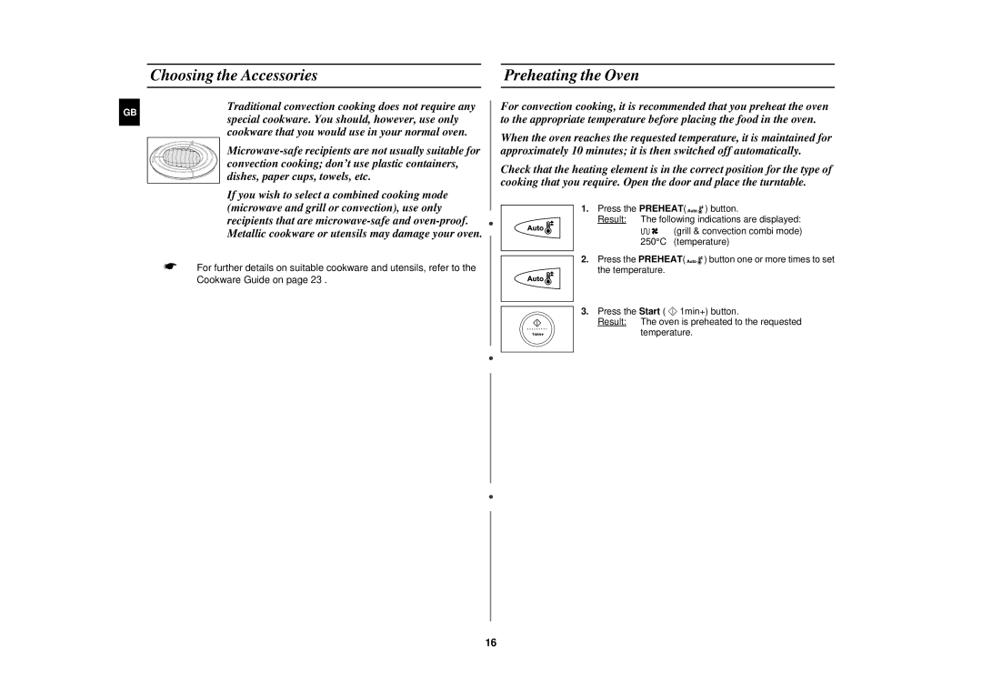 Samsung CK137BR/BWT manual Choosing the Accessories Preheating the Oven 