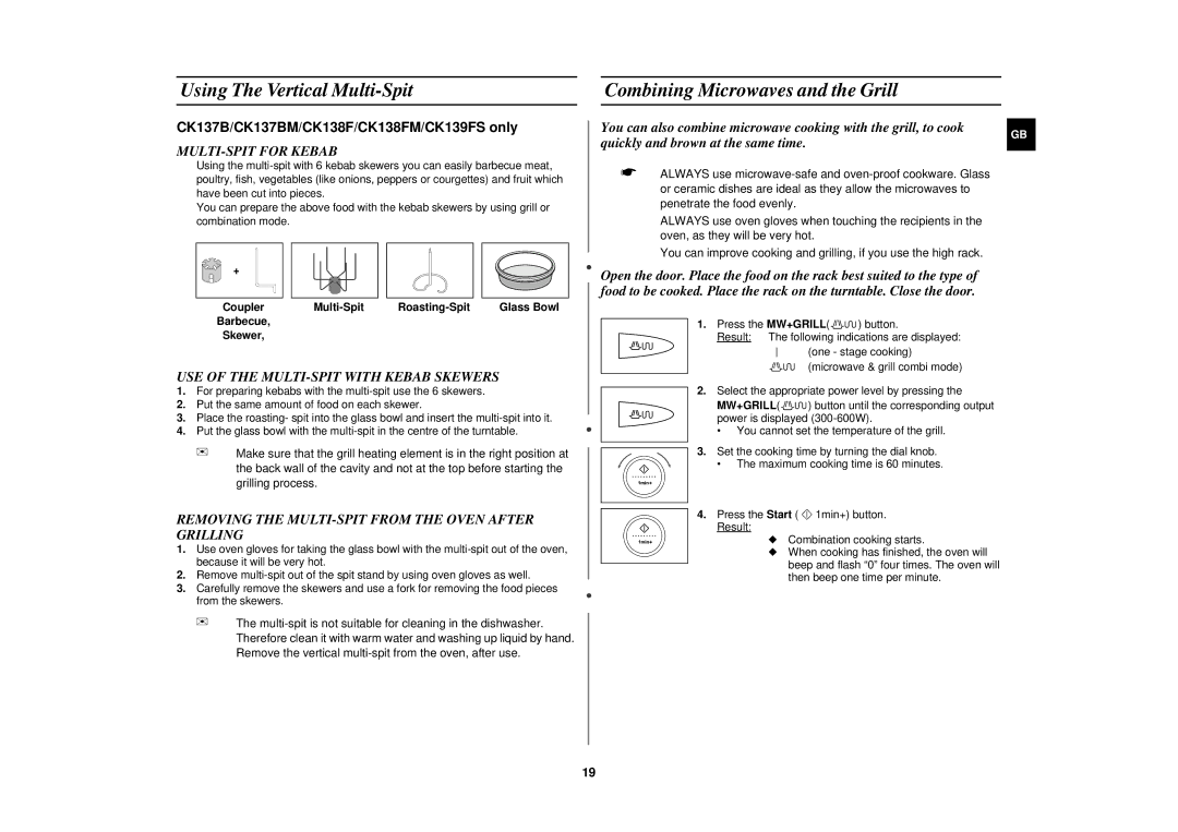 Samsung CK137BR/BWT manual Using The Vertical Multi-Spit, Combining Microwaves and the Grill, MULTI-SPIT for Kebab 