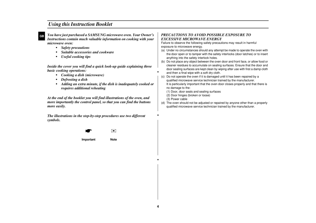 Samsung CK137BR/BWT manual Using this Instruction Booklet, ImportantNote 