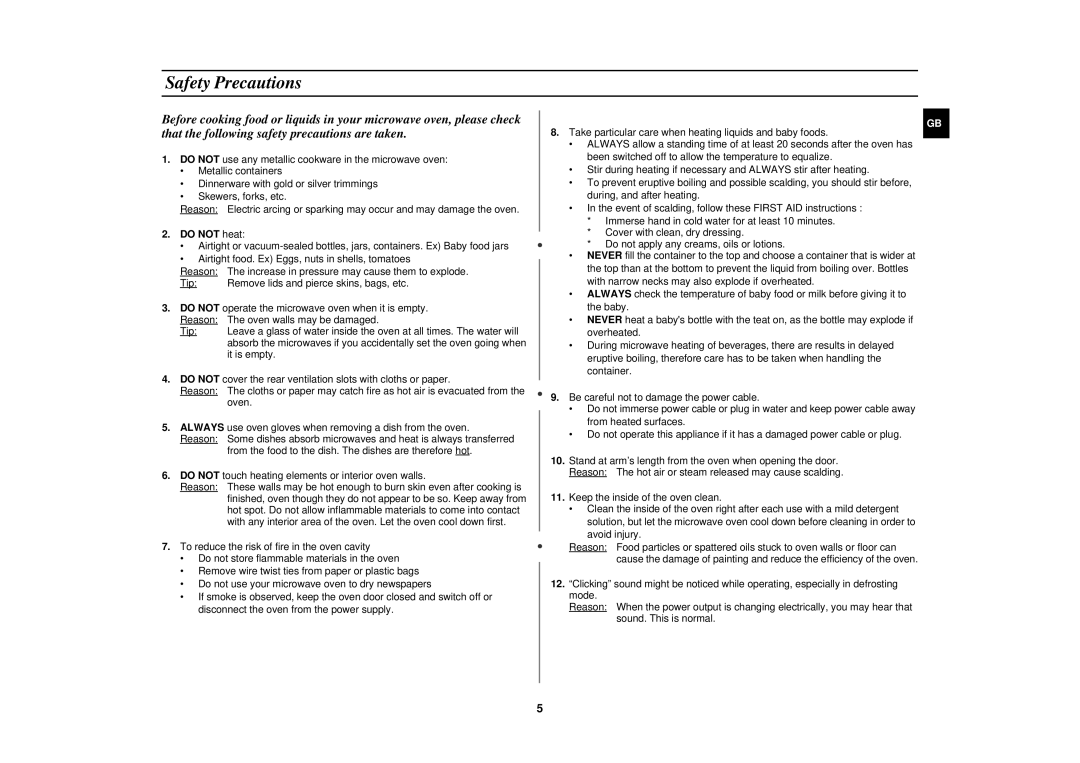 Samsung CK137BR/BWT manual Safety Precautions, Do not heat 