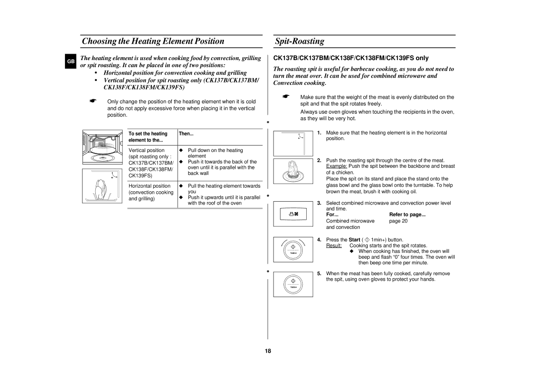 Samsung CK138F/XEF manual Choosing the Heating Element Position, Spit-Roasting, For 