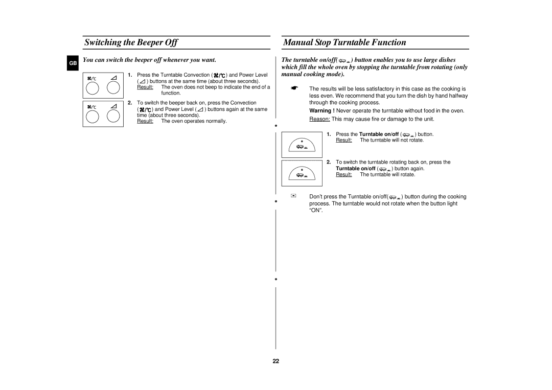 Samsung CK138F/XEF manual Switching the Beeper Off Manual Stop Turntable Function 