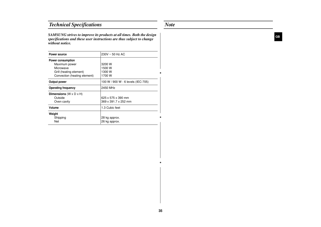 Samsung CK138F/XEF manual Technical Specifications, Dimensions W x D x H 