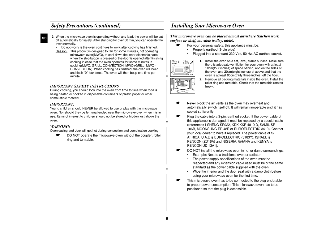 Samsung CK138F/XEF manual Installing Your Microwave Oven, Important Safety Instructions 