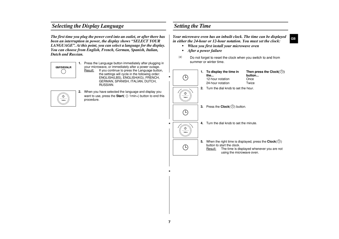 Samsung CK138F/XEF manual Selecting the Display Language, Setting the Time, To display the time, Button 