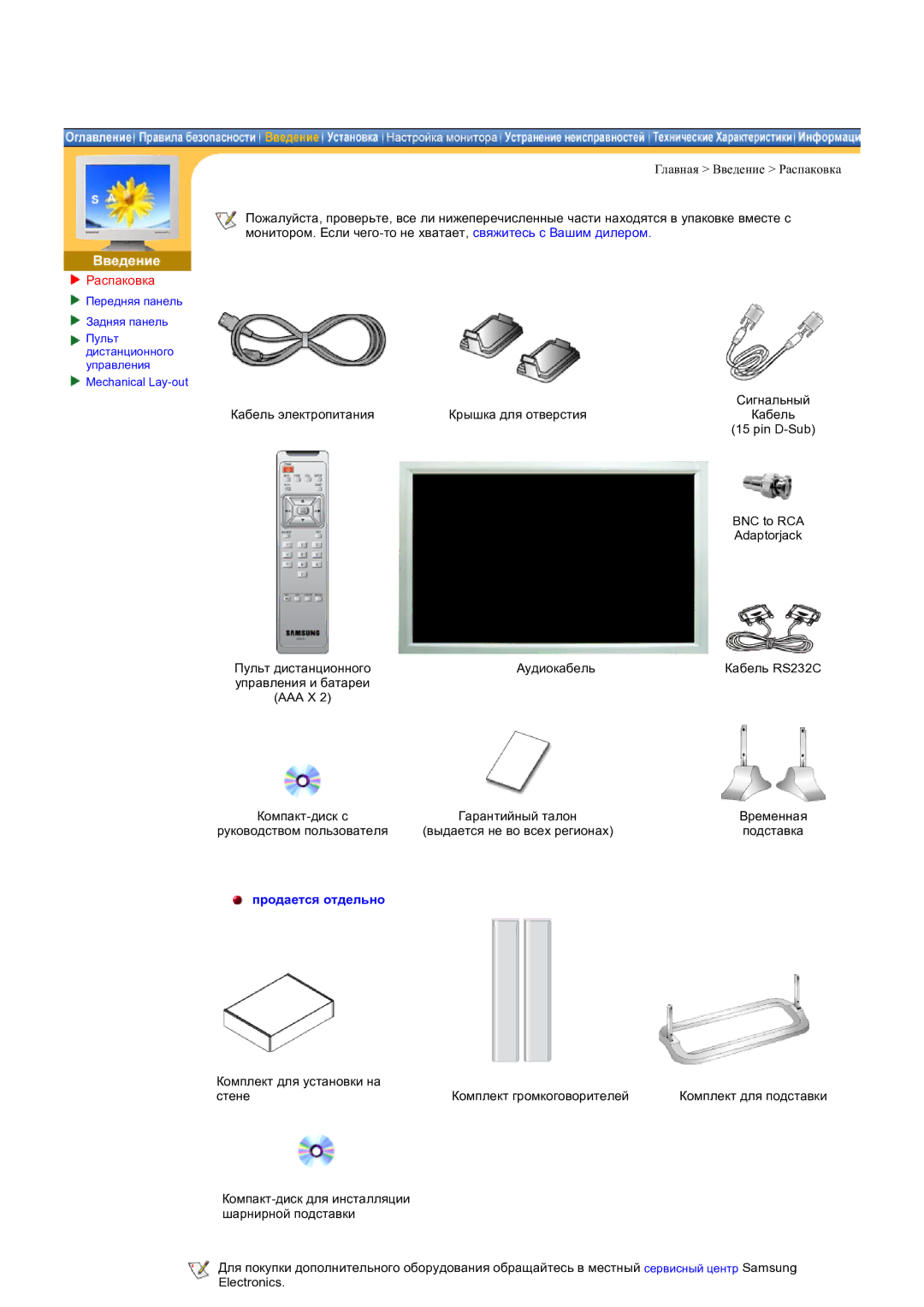 Samsung CK32PSNS/EDC manual Распаковка, Продается отдельно 