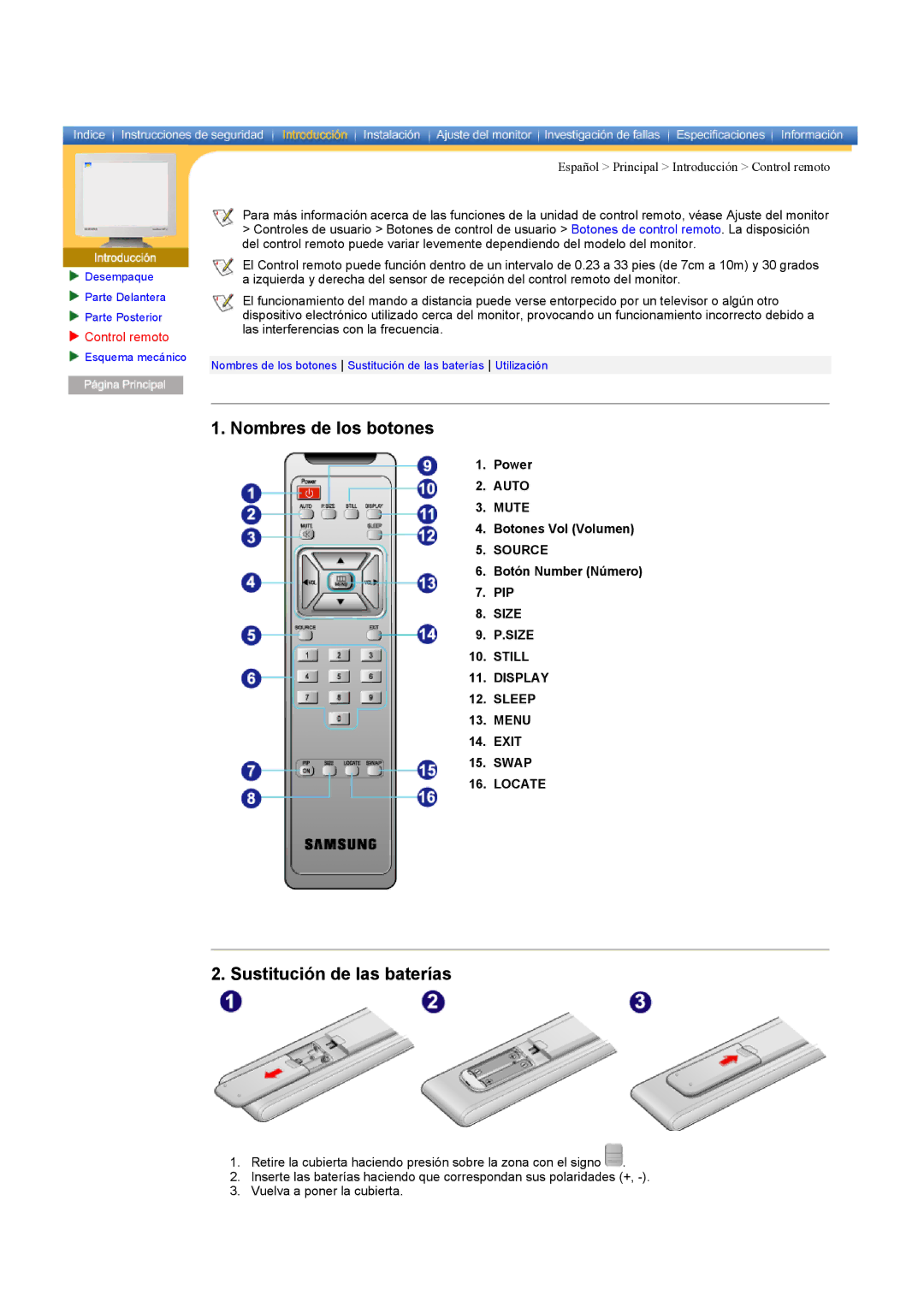 Samsung CK40PSNS/EDC, CK40BSNS/EDC manual Nombres de los botones, Sustitución de las baterías 