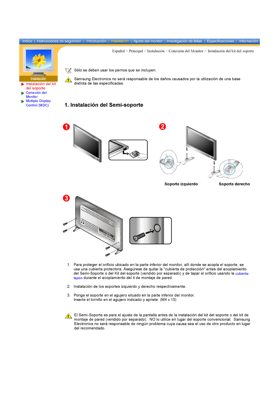 Samsung CK40BSNS/EDC, CK40PSNS/EDC manual Instalación del Semi-soporte, Instalación del kit del soporte, Soporte izquierdo 