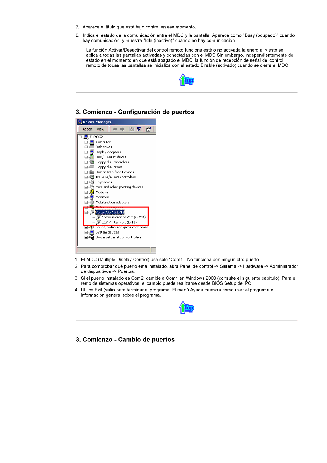 Samsung CK40PSNS/EDC, CK40BSNS/EDC manual Comienzo Configuración de puertos, Comienzo Cambio de puertos 