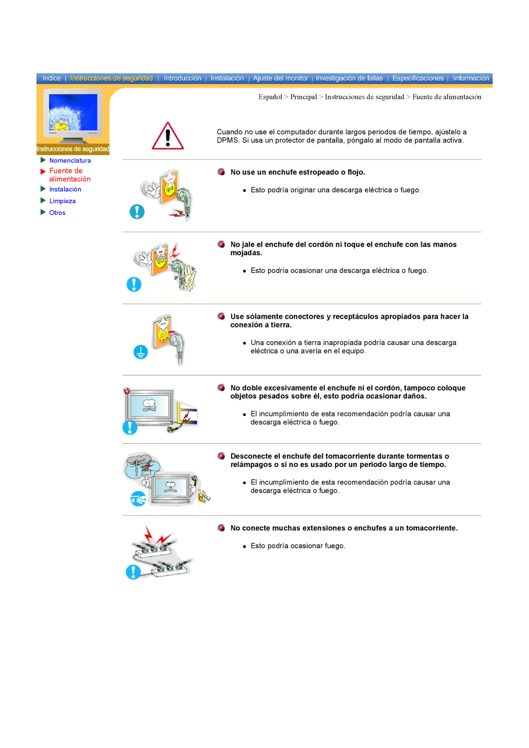 Samsung CK40BSNS/EDC, CK40PSNS/EDC Fuente de, Alimentación, No conecte muchas extensiones o enchufes a un tomacorriente 