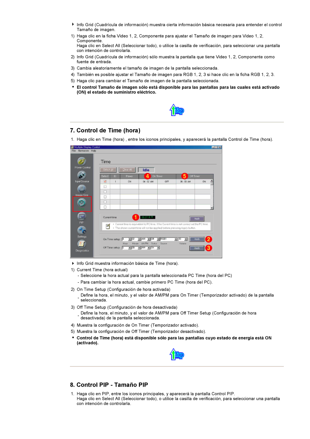 Samsung CK40BSNS/EDC, CK40PSNS/EDC manual Control de Time hora, Control PIP Tamaño PIP 