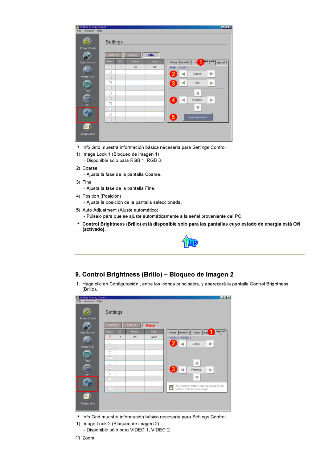 Samsung CK40PSNS/EDC, CK40BSNS/EDC manual Control Brightness Brillo Bloqueo de imagen 