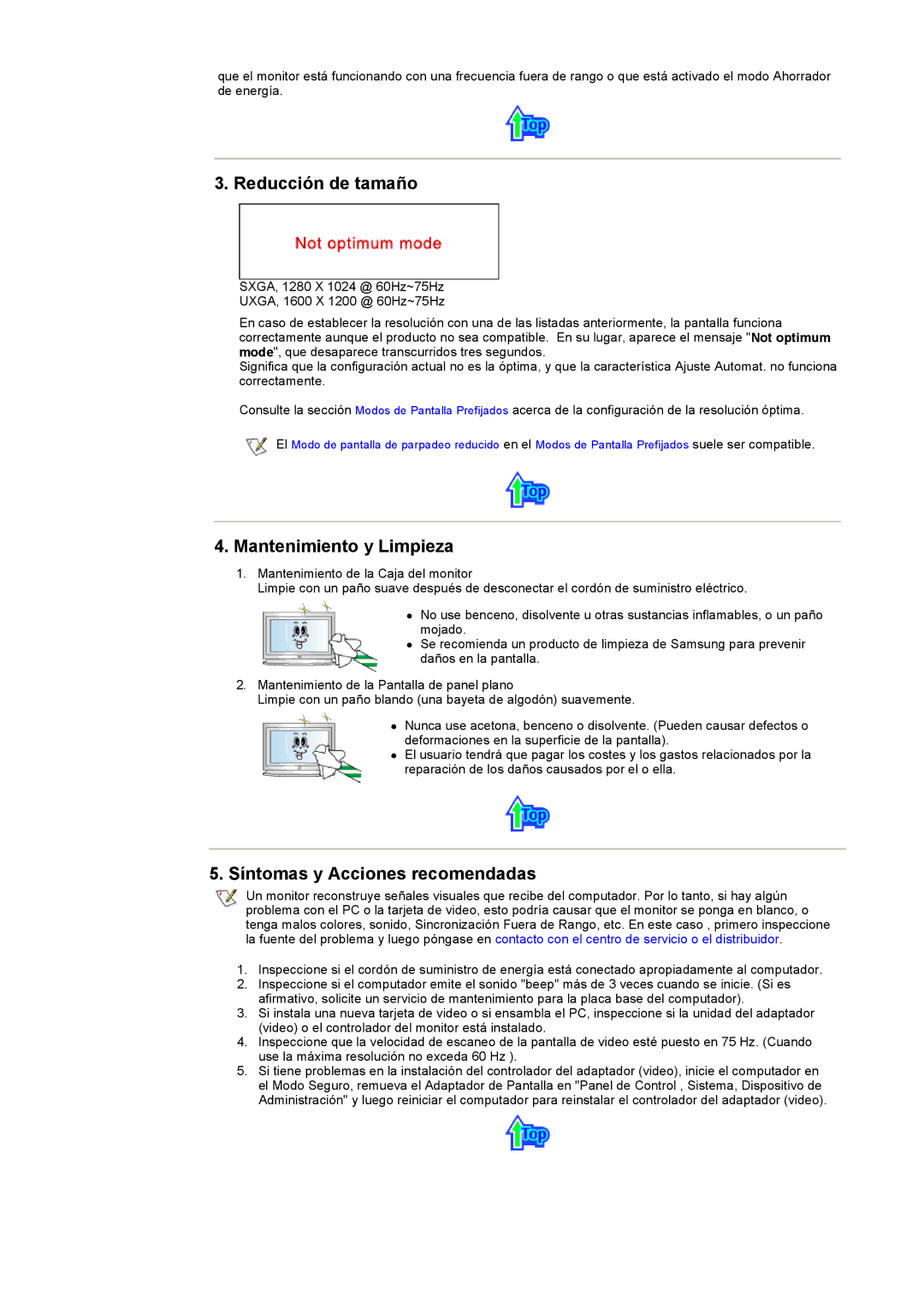 Samsung CK40BSNS/EDC, CK40PSNS/EDC manual Reducción de tamaño, Mantenimiento y Limpieza, Síntomas y Acciones recomendadas 