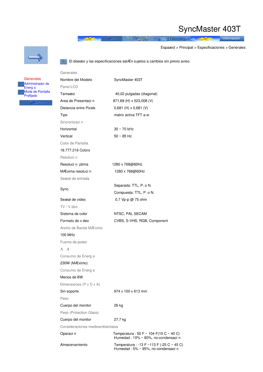 Samsung CK40BSNS/EDC, CK40PSNS/EDC manual SyncMaster 403T, Generales 