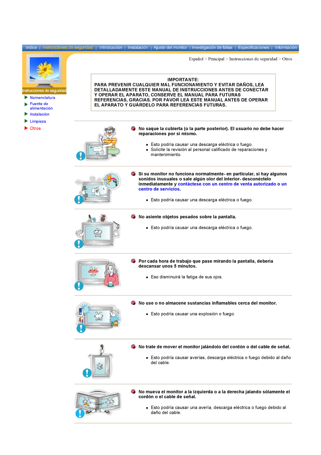 Samsung CK40PSNS/EDC, CK40BSNS/EDC manual Otros, No asiente objetos pesados sobre la pantalla 