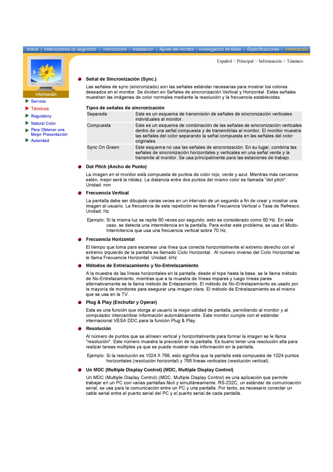 Samsung CK40PSNS/EDC manual Señal de Sincronización Sync, Tipos de señales de sincronización, Dot Pitch Ancho de Punto 