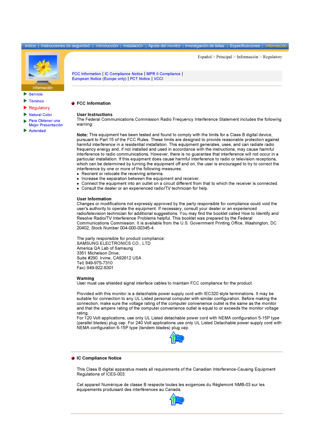 Samsung CK40BSNS/EDC, CK40PSNS/EDC Regulatory, FCC Information User Instructions, User Information, IC Compliance Notice 