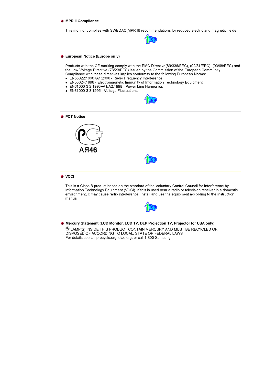 Samsung CK40PSNS/EDC, CK40BSNS/EDC manual MPR II Compliance, European Notice Europe only, PCT Notice 