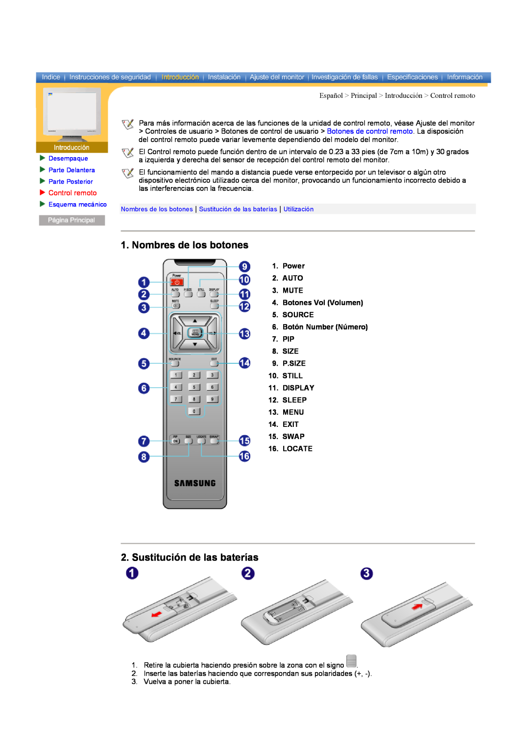 Samsung CK40PSNS/EDC, CK40BSNS/EDC manual Nombres de los botones, Sustitución de las baterías, Control remoto 
