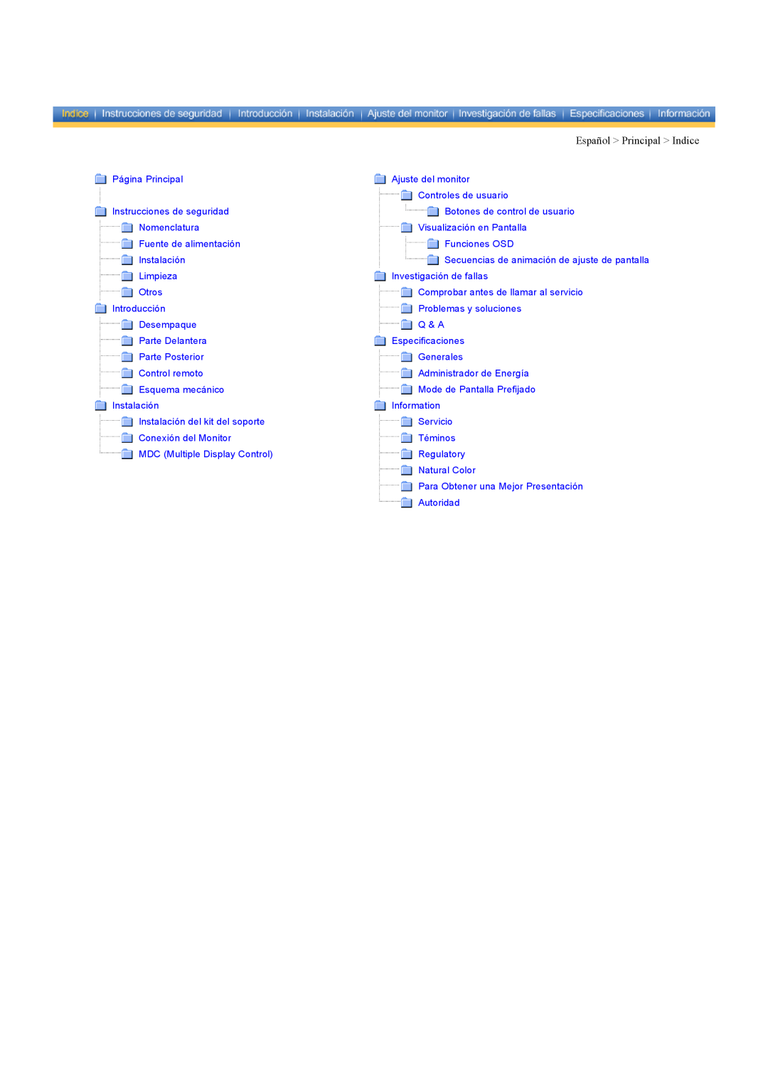 Samsung CK40BSNS/EDC Español Principal Indice, Página Principal, Ajuste del monitor, Controles de usuario, Nomenclatura 