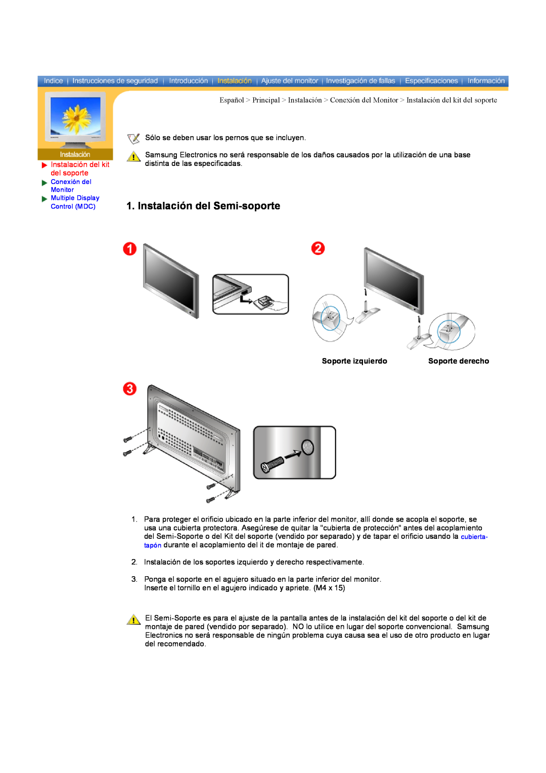 Samsung CK40BSNS/EDC, CK40PSNS/EDC manual Instalación del Semi-soporte, Instalación del kit del soporte, Soporte izquierdo 