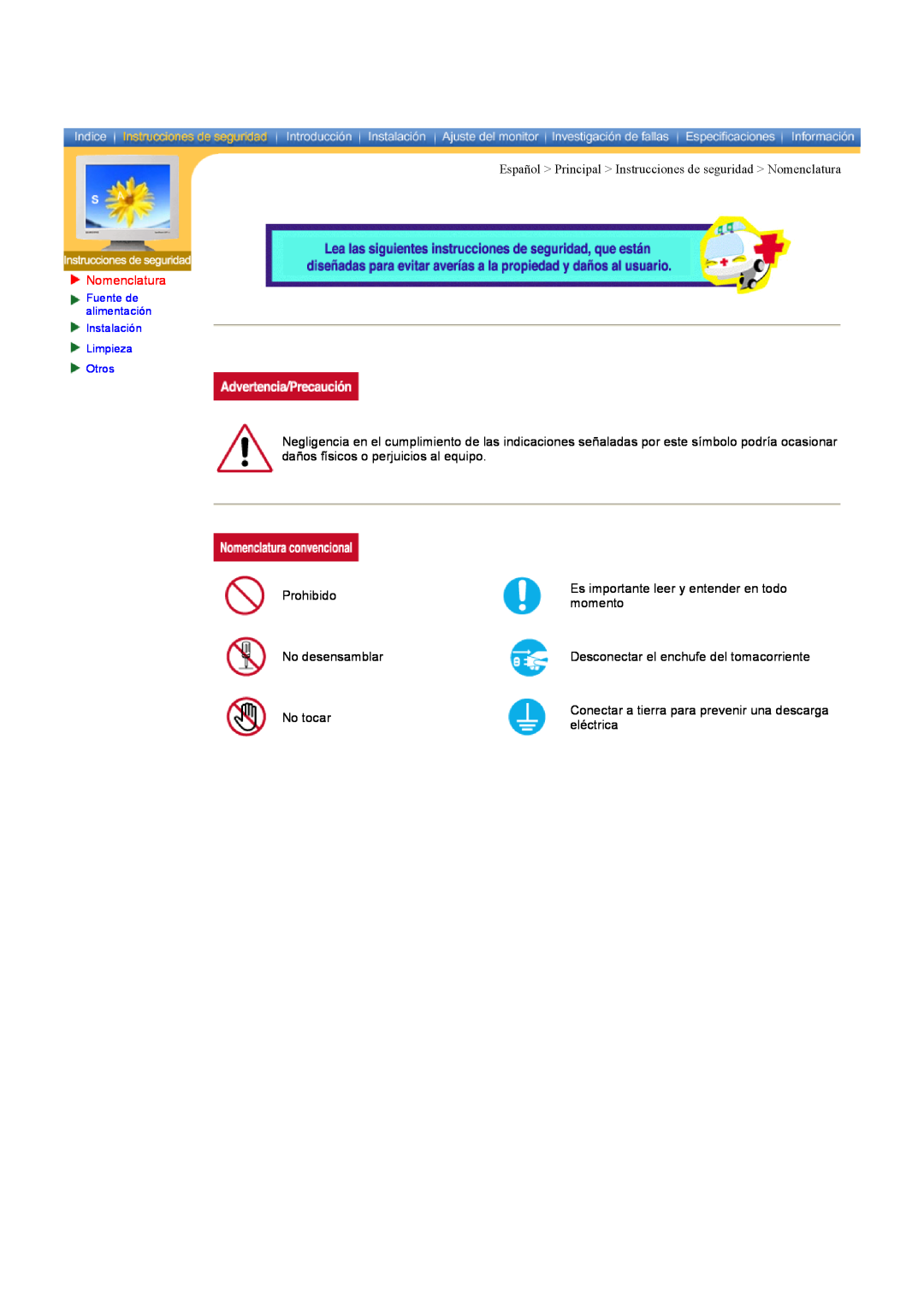 Samsung CK40PSNS/EDC, CK40BSNS/EDC manual Español Principal Instrucciones de seguridad Nomenclatura 