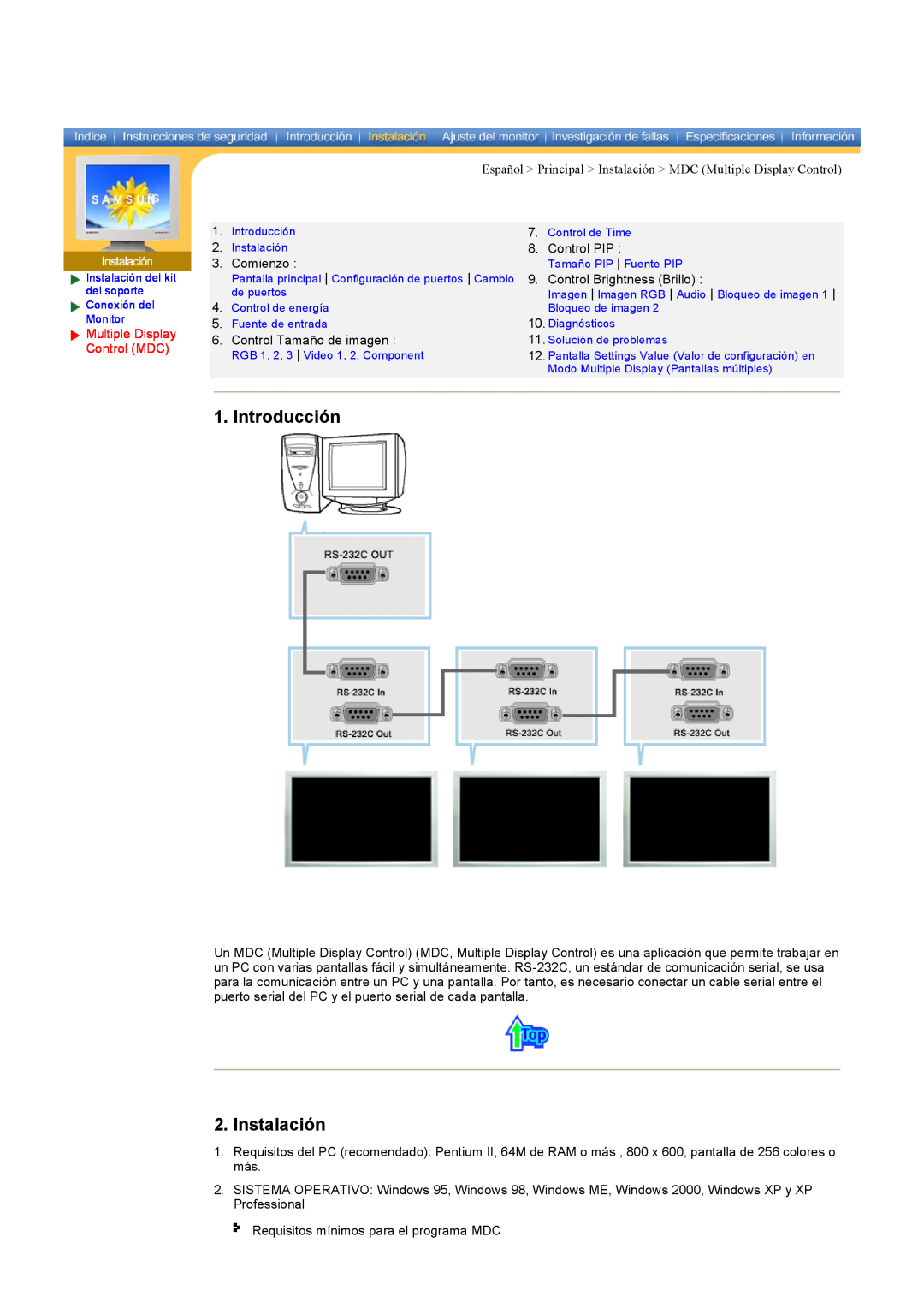 Samsung CK40BSNS/EDC manual Introducción, Instalación, Control PIP, Comienzo, Control Brightness Brillo, Multiple Display 