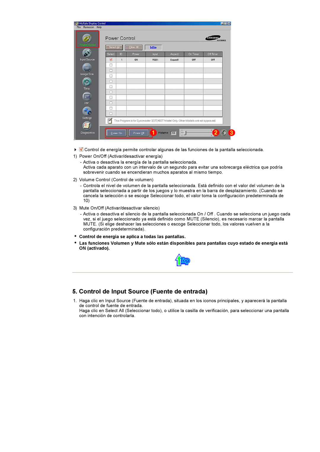 Samsung CK40PSNS/EDC manual Control de Input Source Fuente de entrada, Control de energía se aplica a todas las pantallas 