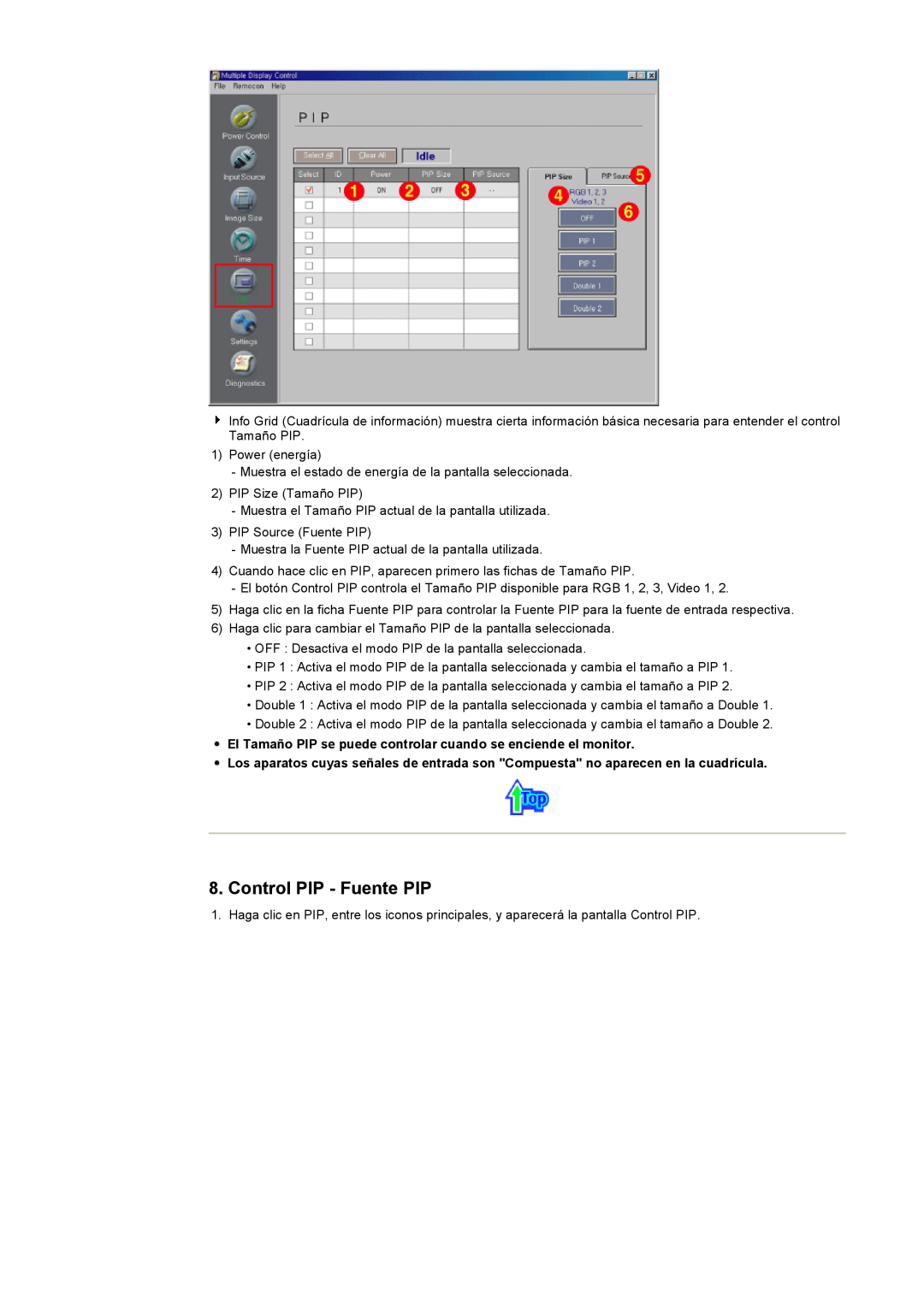 Samsung CK40PSNS/EDC manual Control PIP - Fuente PIP, El Tamaño PIP se puede controlar cuando se enciende el monitor 