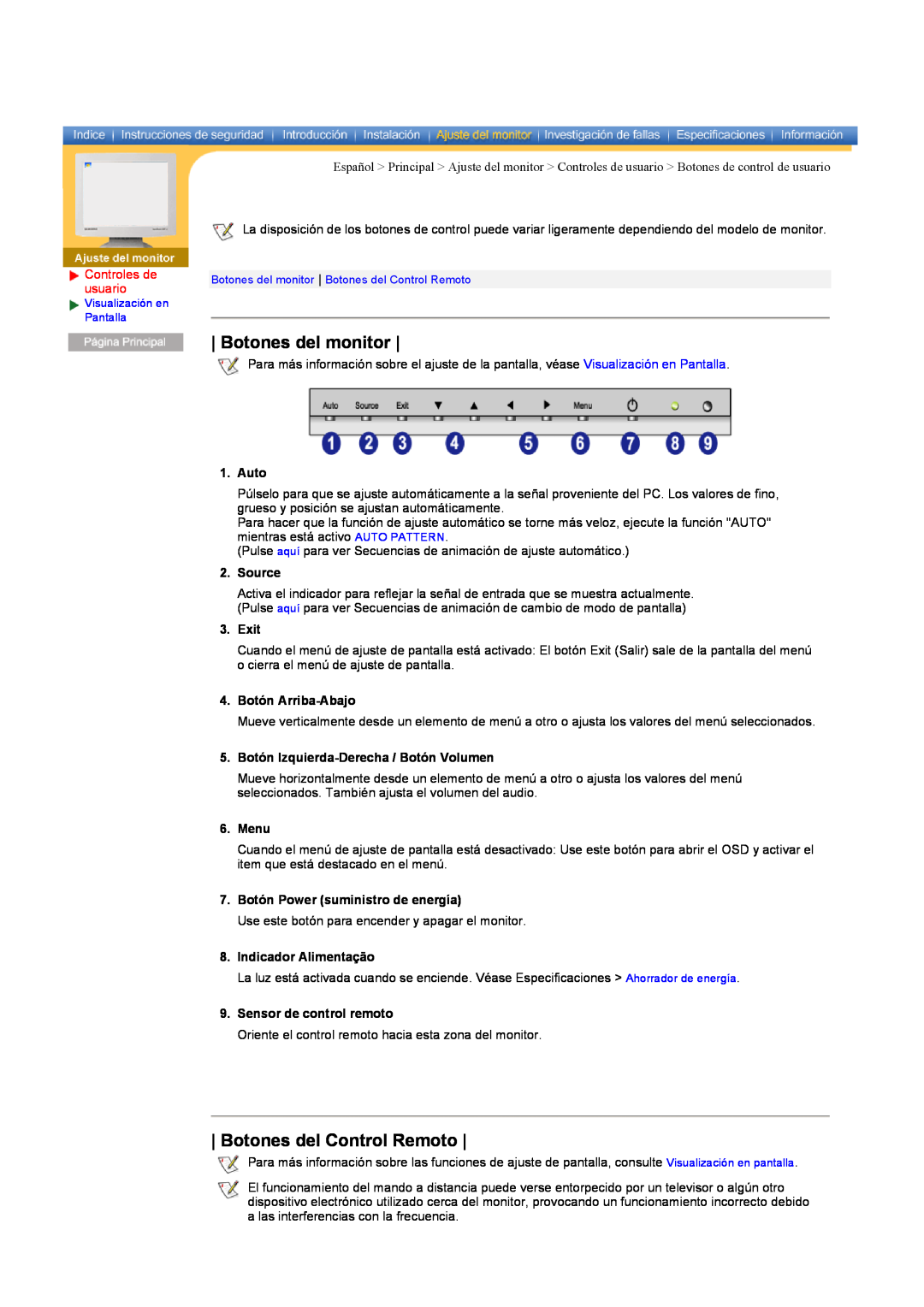 Samsung CK40BSNS/EDC manual Botones del monitor, Botones del Control Remoto, Controles de usuario, Auto, Source, Exit, Menu 