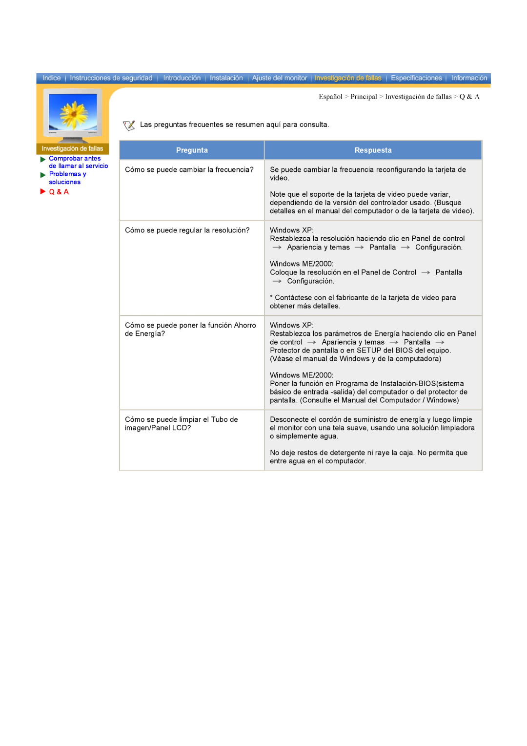 Samsung CK40PSNS/EDC, CK40BSNS/EDC manual Español Principal Investigación de fallas Q & A, Pregunta, Respuesta 