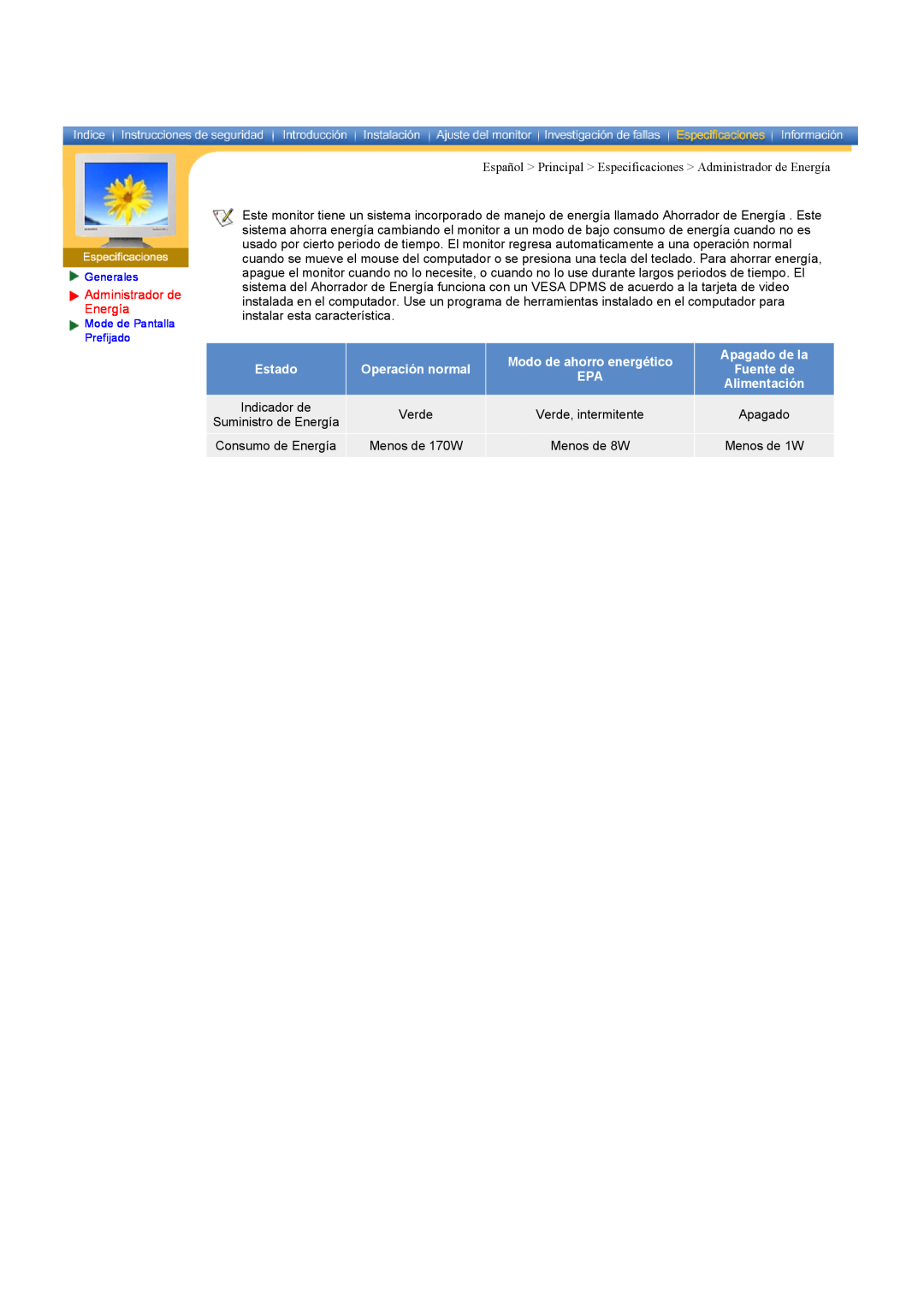 Samsung CK40PSNS/EDC manual Español Principal Especificaciones Administrador de Energía, Modo de ahorro energético 