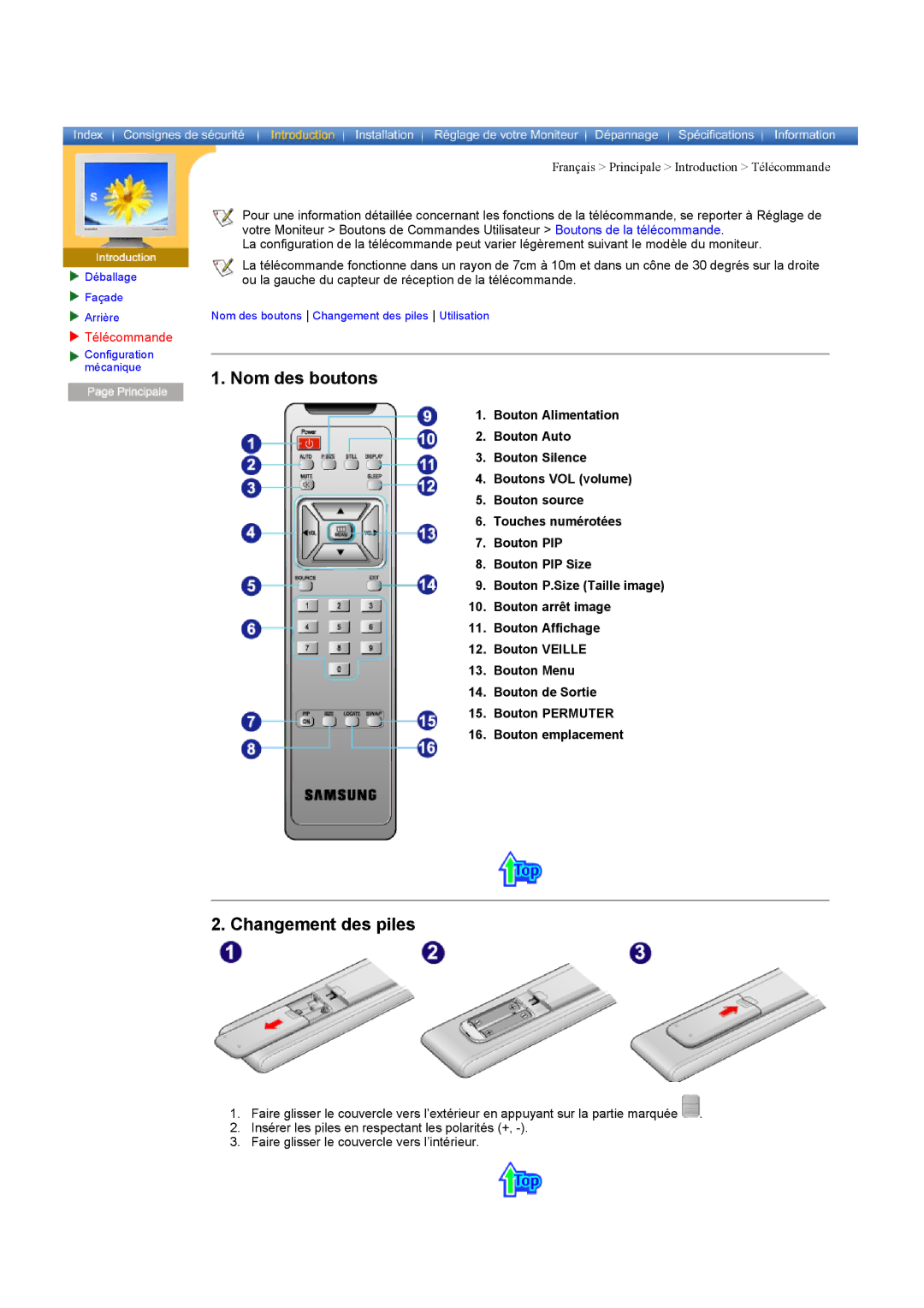 Samsung CK40PSNS/EDC, CK40PSNB/EDC, CK40PSSS/EDC, CK40PSNBF/EDC manual Nom des boutons, Changement des piles, Télécommande 