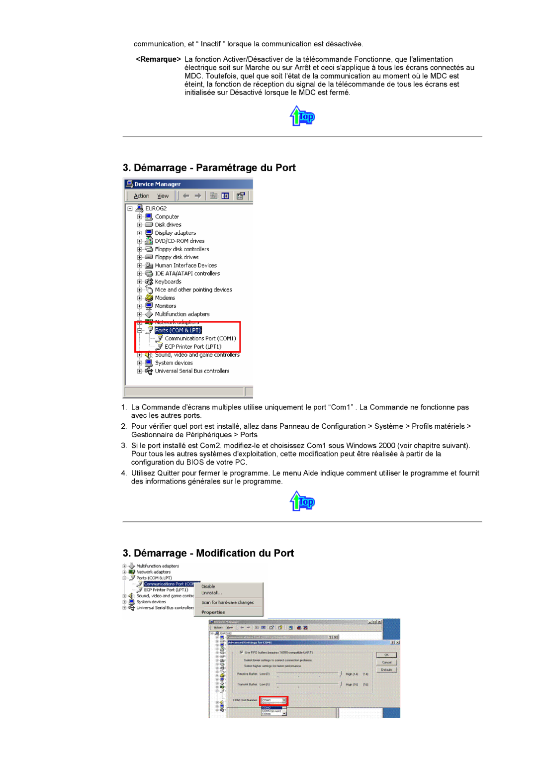 Samsung CK40PSSS/EDC, CK40PSNB/EDC, CK40PSNBF/EDC manual Démarrage Paramétrage du Port, Démarrage Modification du Port 