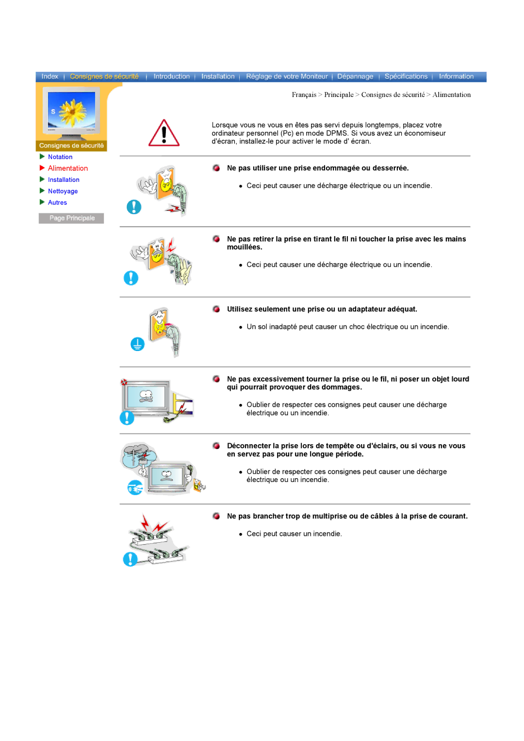 Samsung CK40PSNBG/EDC, CK40PSNB/EDC, CK40PSSS/EDC manual Alimentation, Utilisez seulement une prise ou un adaptateur adéquat 