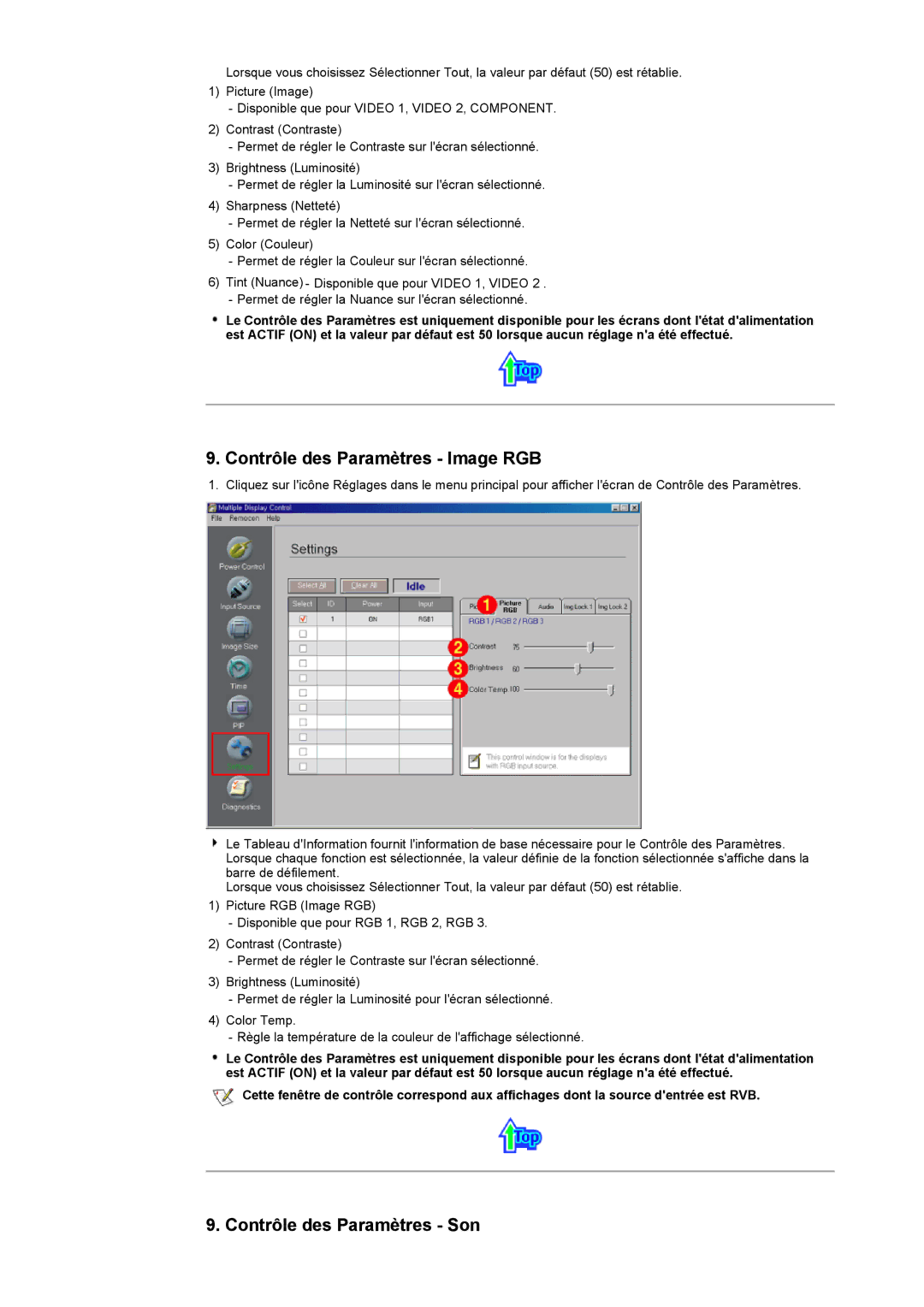 Samsung CK32PSNS/EDC, CK40PSNB/EDC, CK40PSSS/EDC manual Contrôle des Paramètres Image RGB, Contrôle des Paramètres Son 