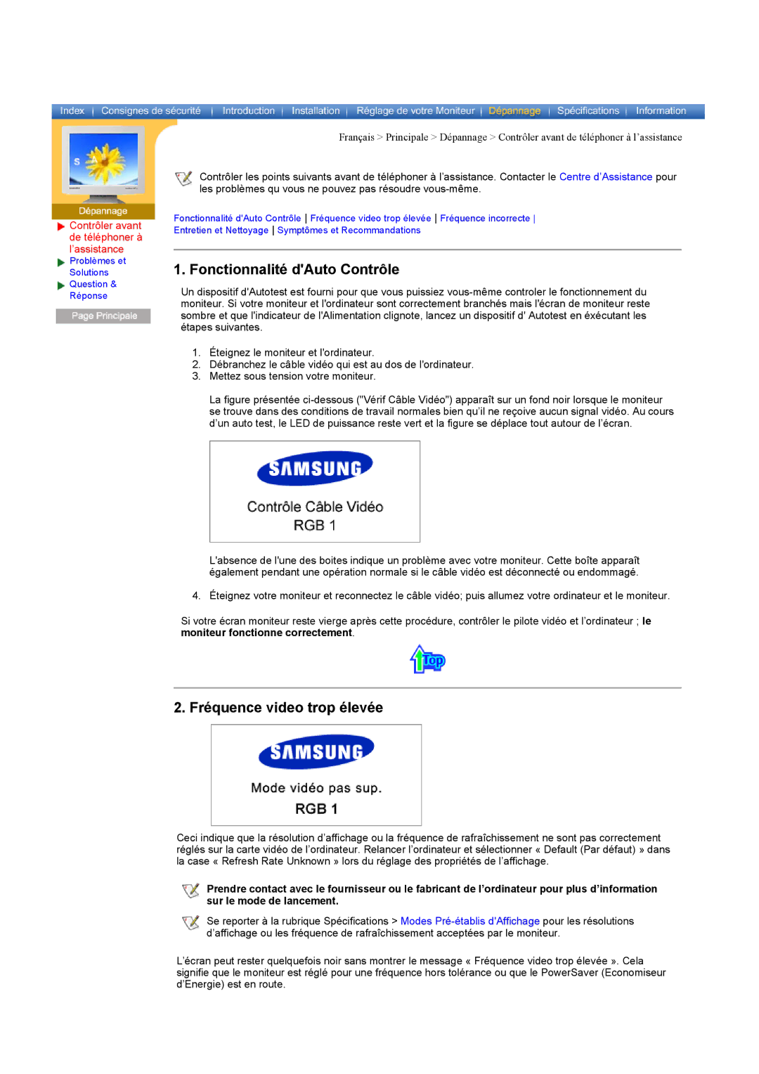 Samsung CK40PSNBF/EDC, CK40PSNB/EDC, CK40PSSS/EDC, CK40PSSB/EDC Fonctionnalité dAuto Contrôle, Fréquence video trop élevée 