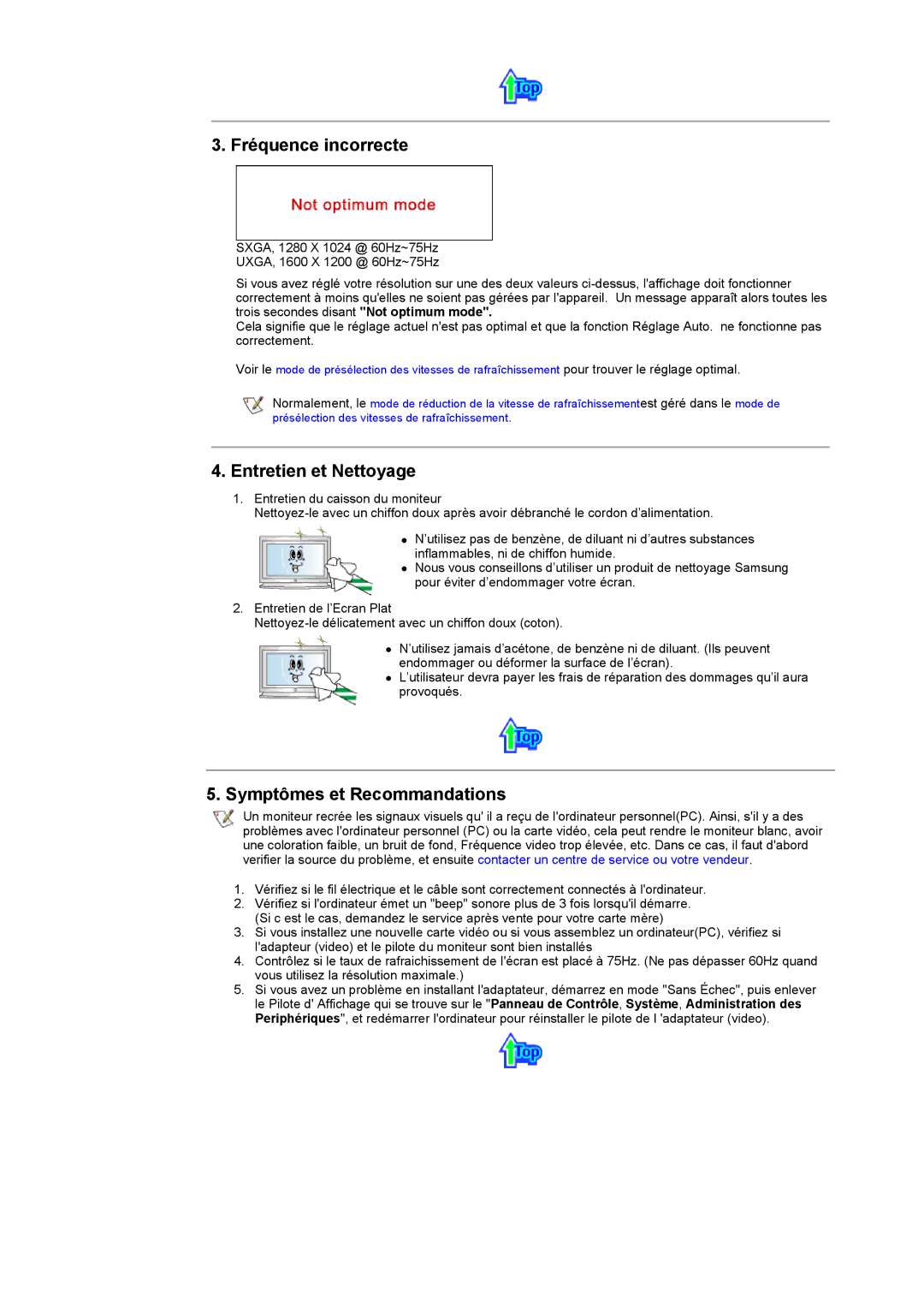 Samsung CK40PSSB/EDC, CK40PSNB/EDC, CK40PSSS/EDC Fréquence incorrecte, Entretien et Nettoyage, Symptômes et Recommandations 