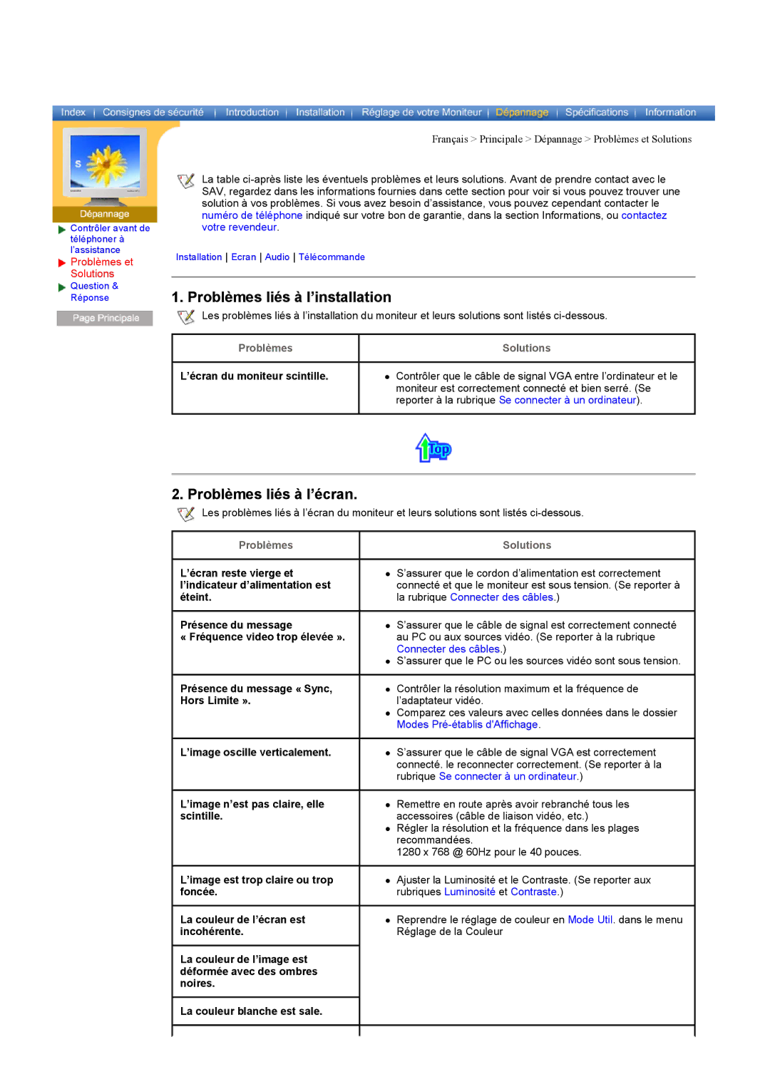 Samsung CK40PSNBG/EDC, CK40PSNB/EDC manual Problèmes liés à l’installation, Problèmes liés à l’écran, Problèmes et Solutions 